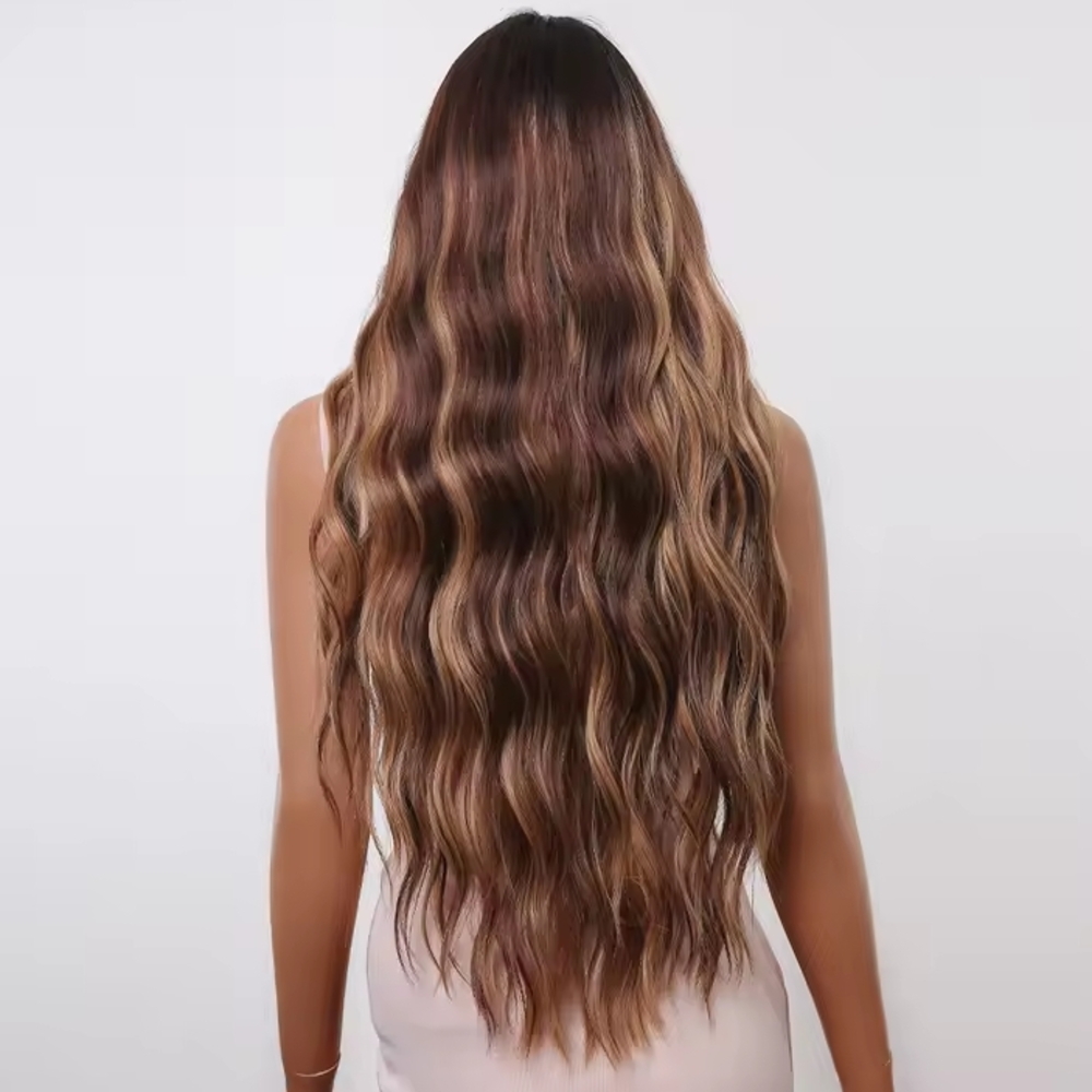 ALLAN EATON Long Wavy Ombre Highlight Synthetic w/Bangs Heat Resistant Wig - Picture 2 of 5